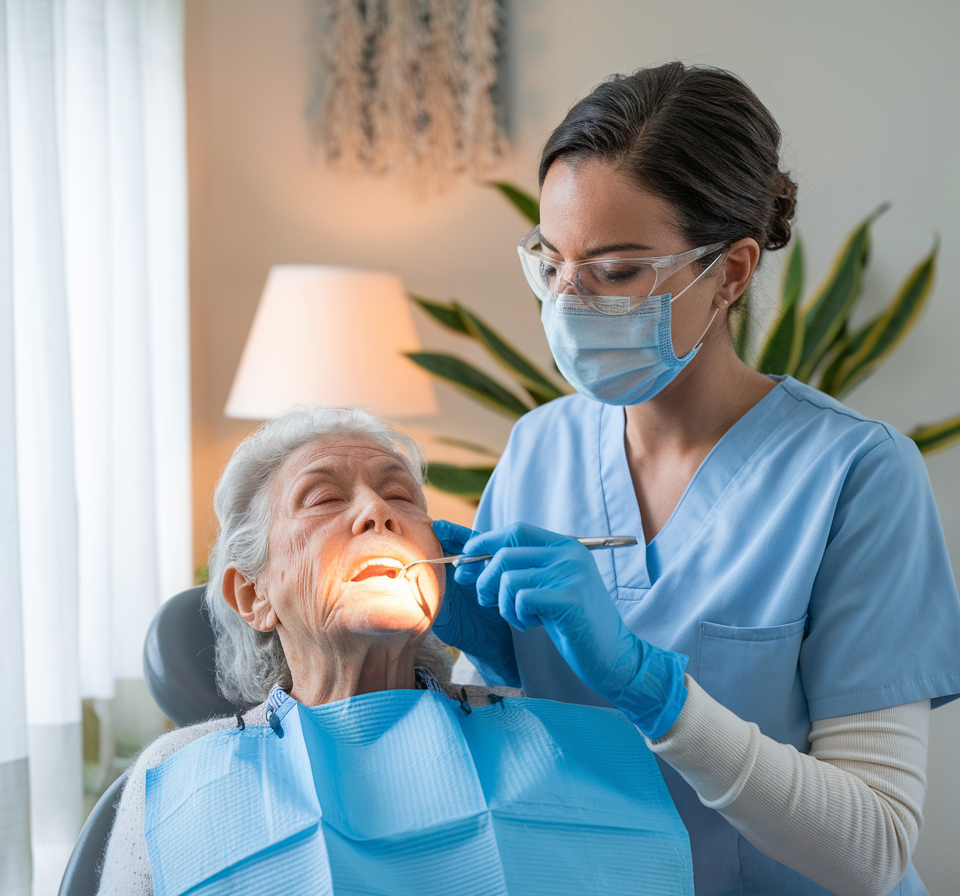 Solange Dental Hygenist working on an elderly woman in her home